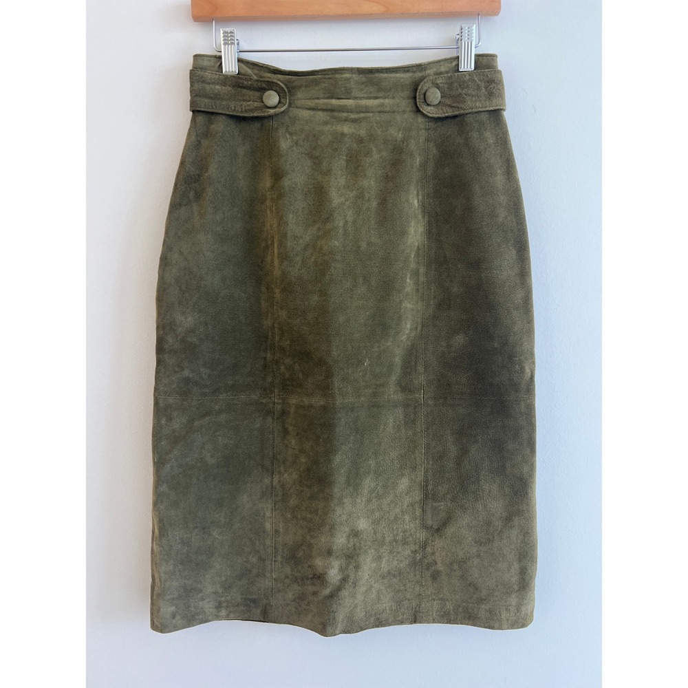 Vintage 70s 80s Evan Davies Olive Suede Pencil Midi Skirt 8 Leather Old‎ Money